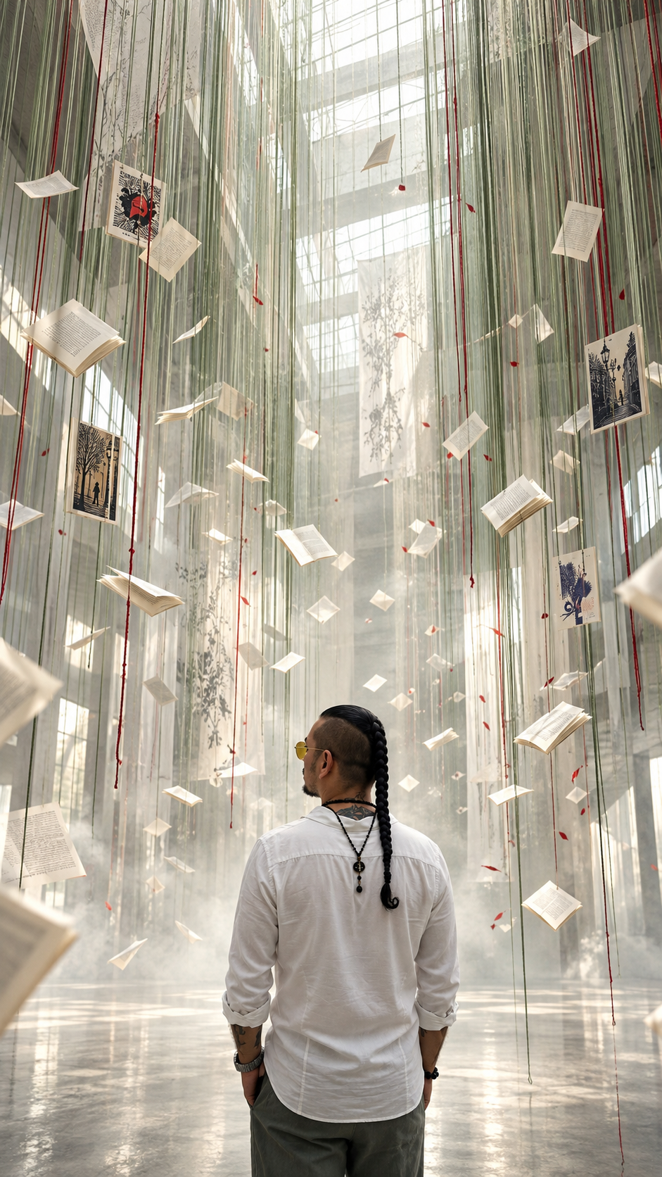 Instalación artística entre hilos y libros