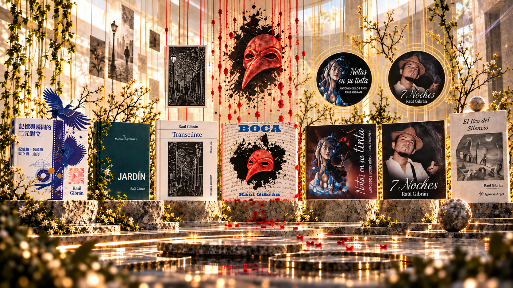 Instalación artística con cinco libros y dos discos de Raúl Gibrán